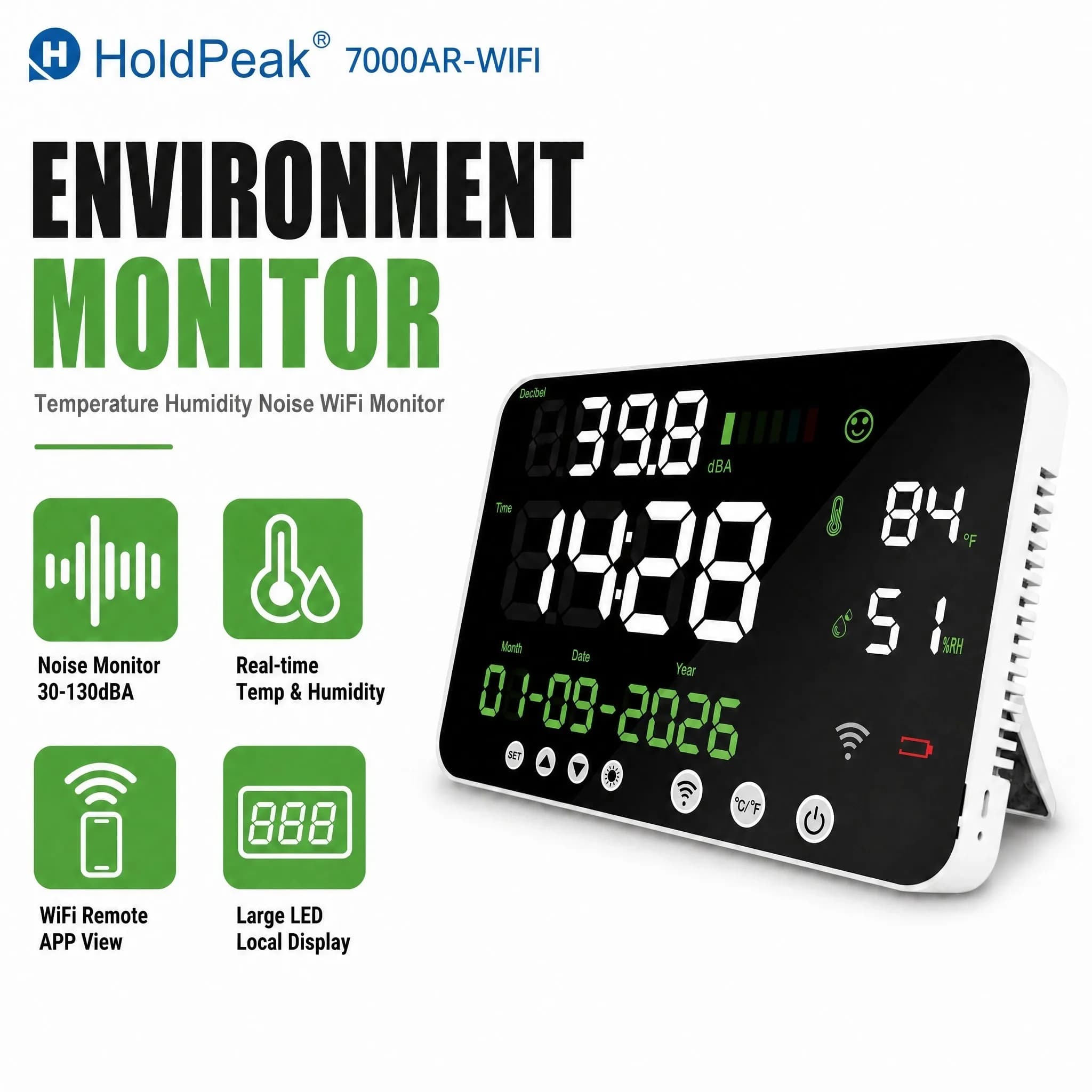 WiFi Temperature/Humidity/Noise Monitor -10~50℃ 0-99%RH 30-130dBA APP Remote View Data Sync for Home/Office/Classroom