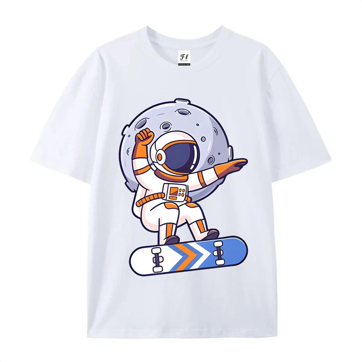 Unisex Short Sleeve T Shirt Cartoon Astronaut Skateboard Moon Print Crew Neck Tees Summer Casual Tops For Men Women Street Space