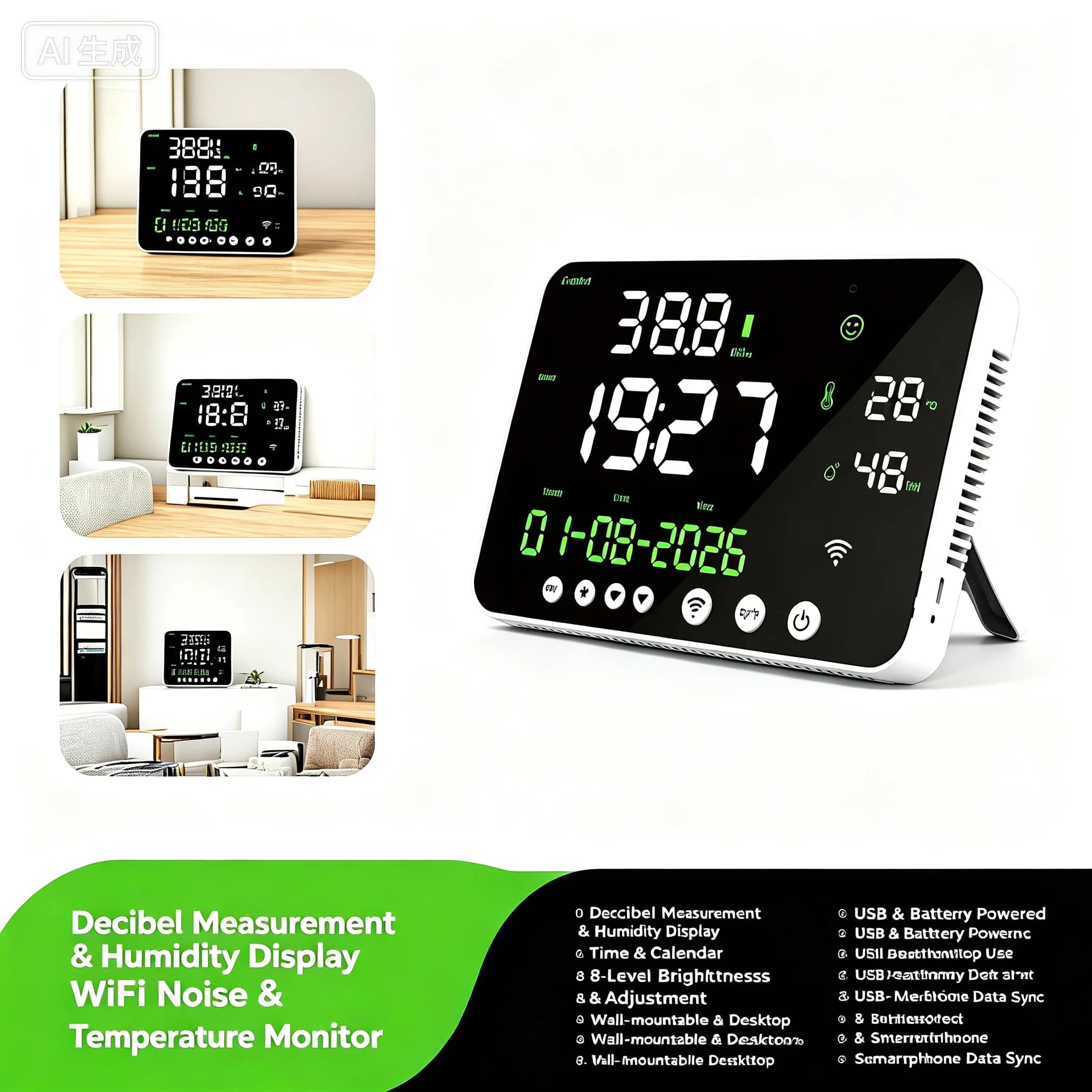 Digital Sound Level Meter Decibel Monitor Wall Mounted LED Display Temp Humidity WIFI Tester for Home Office Classroom