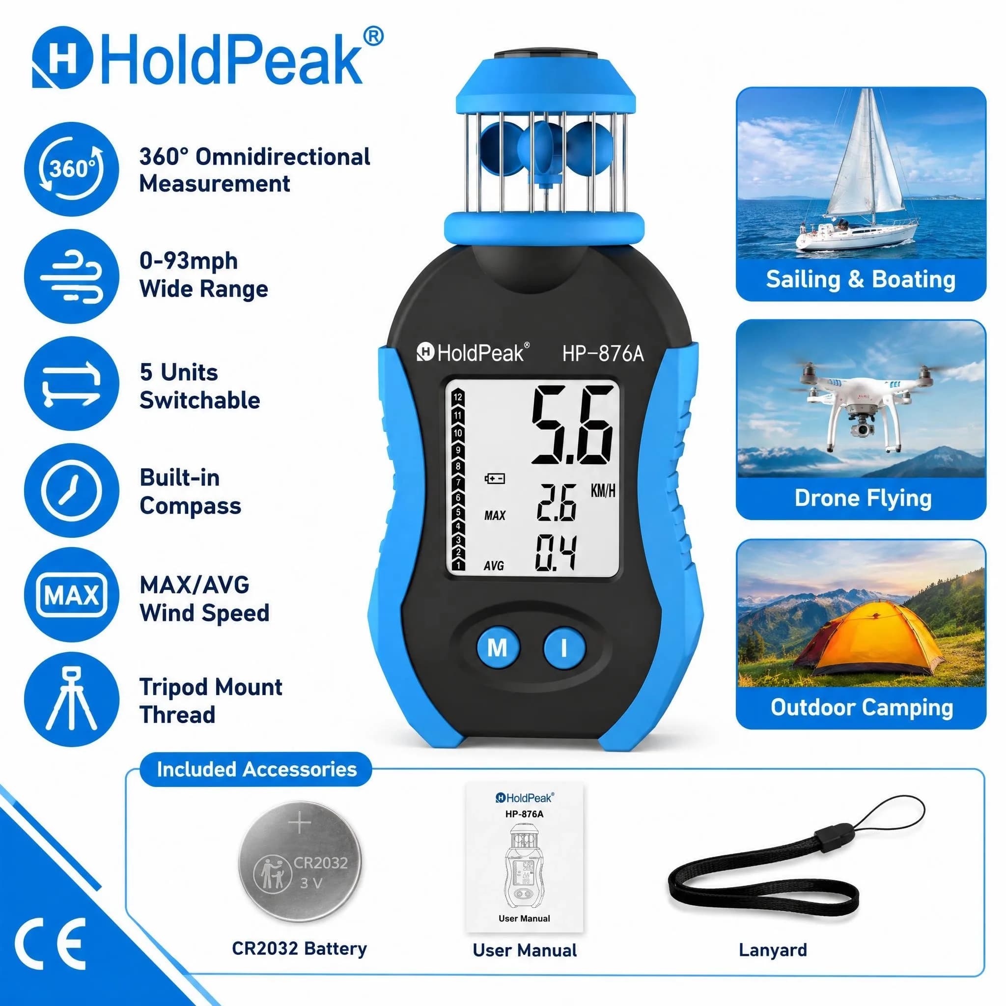 HoldPeak 876A Cup Anemometer 4-Sensor Wind Speed Meter 360° Compass MAX/AVG for Drone Sailing Surfing Outdoor
