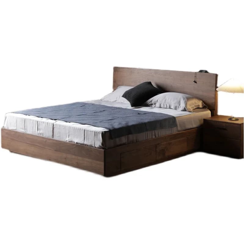 North America imported black walnut double bed simple modern high box storage drawer bed solid wood high box bed 1.8M