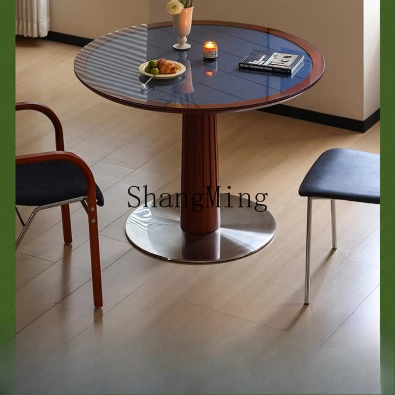 SM solid wood round table tempered glass dining table household small apartment round antique dining table