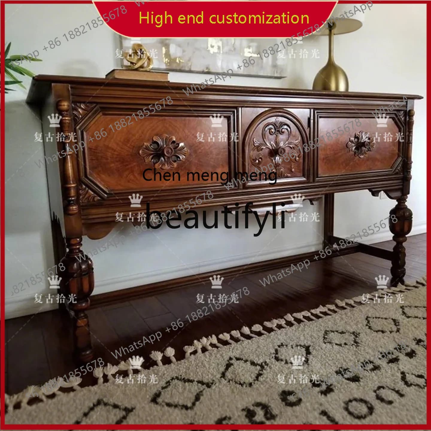 A32 French Retro Solid Wood Carved Entrance Cabinet Entryway Living Room Wall-Mounted Decorative Cabinet Storage Cabinet