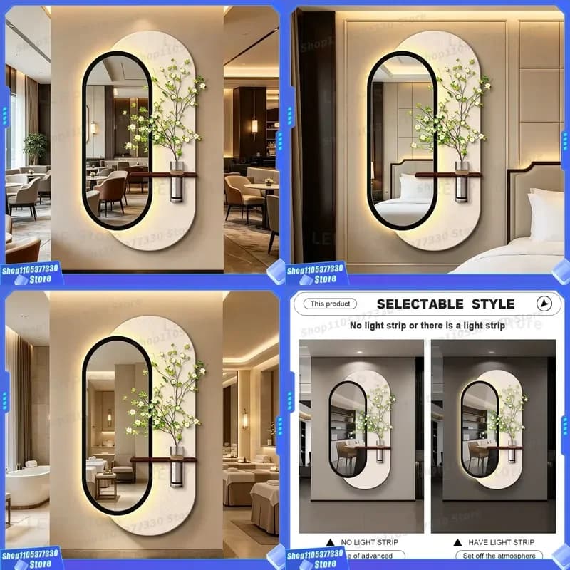 Modern 3D Sandstone Relief Wall Art with LED Backlit Mirror Entrance Decor Shelf Glass Vase Artificial Greenery Home