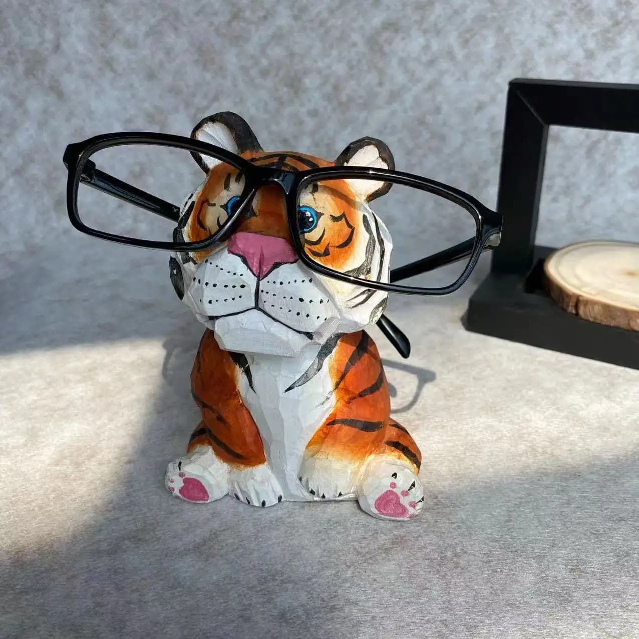 Hand-painted wood carving, handmade wooden tiger ornament, cute style