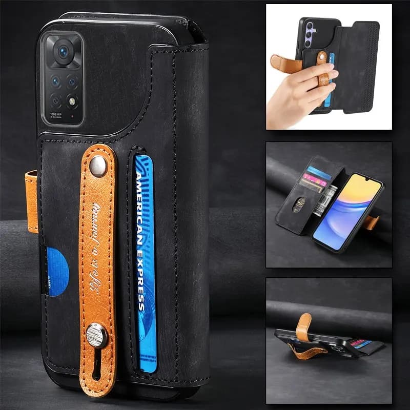 Magnetic Flip Wallet Card Case Phone Cover For Xiaomi Redmi Note 10S 10 Pro 9 Pro Max 9S 8 Pro K70e K60 K50 K40 With Wristband