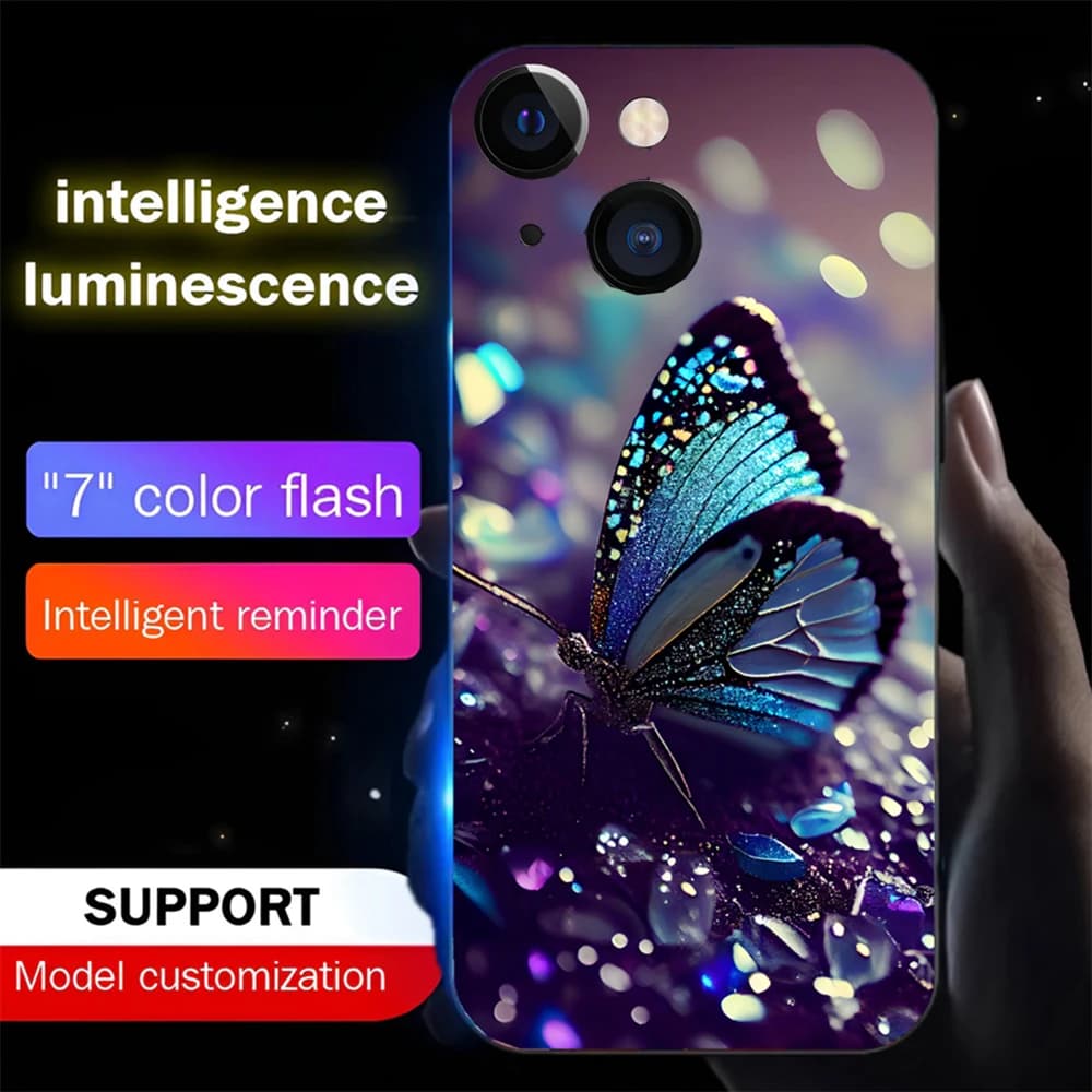 Dreamy Butterfly Smart LED Light Glow Tempered Glass Phone Case For Samsung S25 S24 S23 S22 S21 S20 FE Note 10 20 Plus Ultra