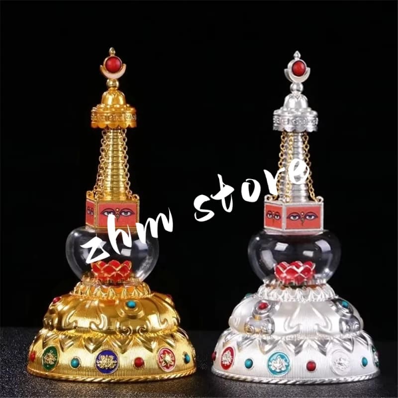 Silver Tibetan Stupa Tantric Auspicious Pearl Inlaid Gem Glass Eye Heaven Alloy Handicraft Altars Indoor Desktop Decorative