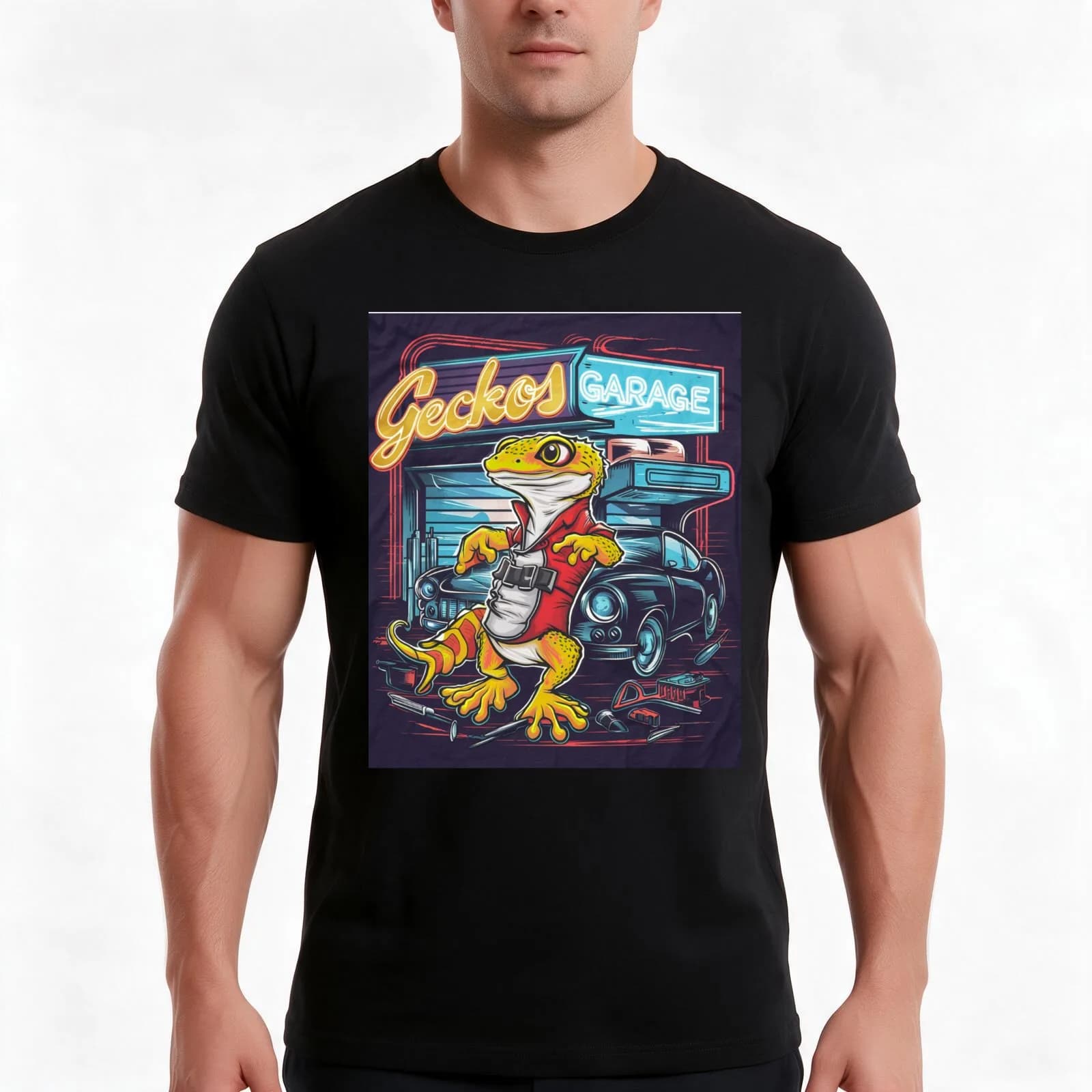 geckos garage T-Shirt, Summer Casual Cotton Tee, Oversized Streetwear Tops, Vintage Graphic Print, Loose Fit Short Sleeve