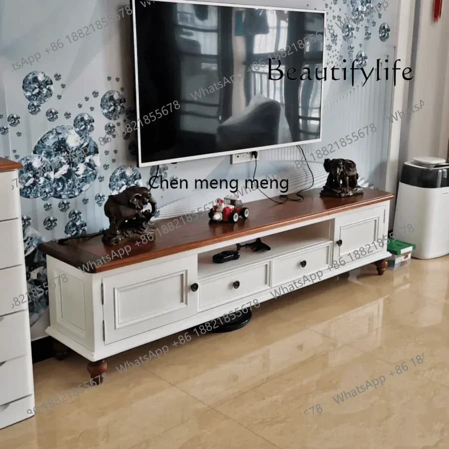 X Solid Wood TV Cabinet and Tea Table American Floor Cabinet Environmental Protection Solid Wood Living Room Country Furniture