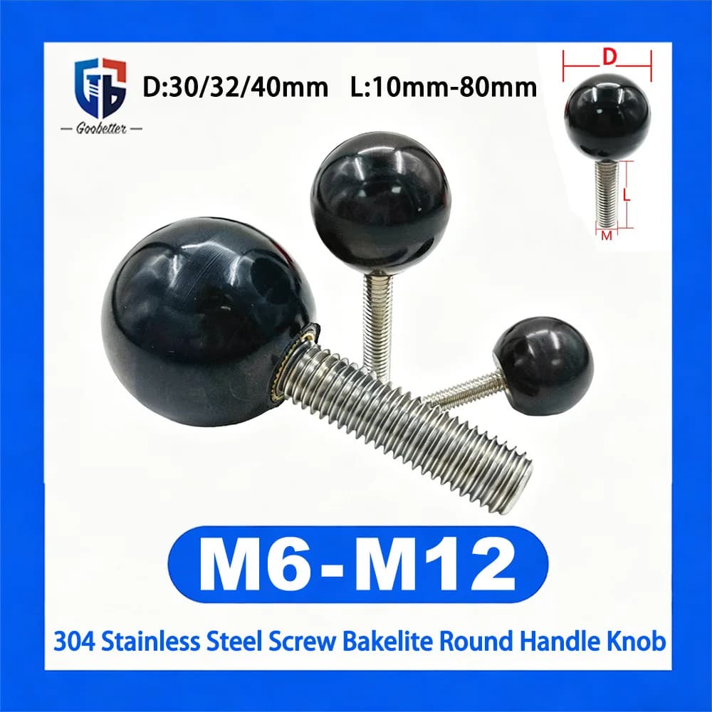 1Pc M8 M10 M12 Black 304 Stainless Steel Male Thread Ball Handle Screw Bakelite Ball Type Bolt Round Knob Fastener L10mm-80mm