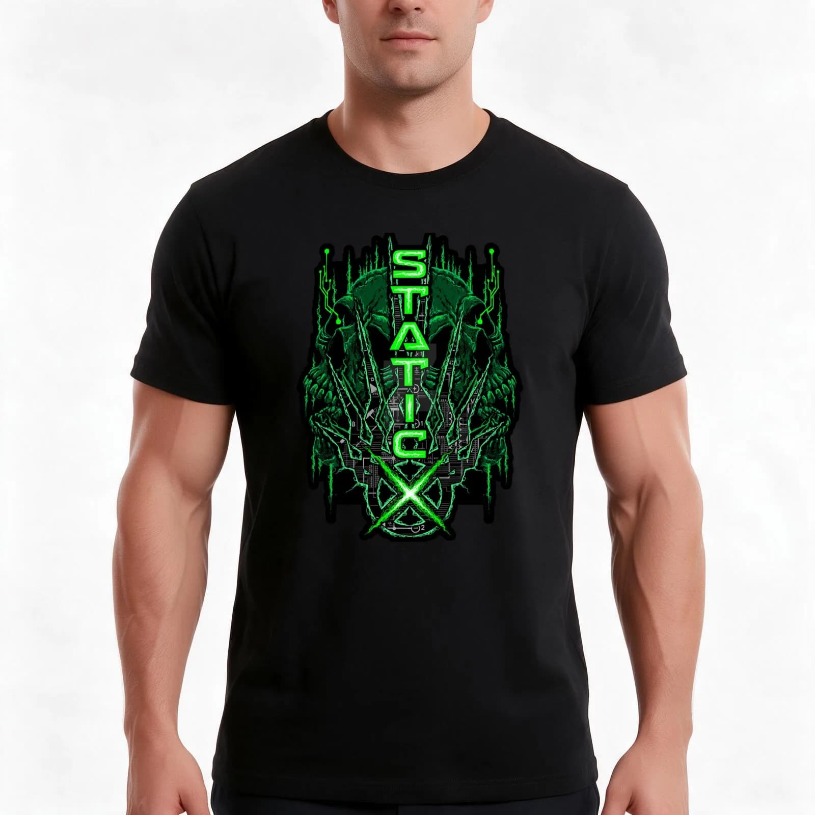 Static-X T-Shirt, Summer Casual Cotton Tee, Oversized Streetwear Tops, Vintage Graphic Print, Loose Fit Short Sleeve