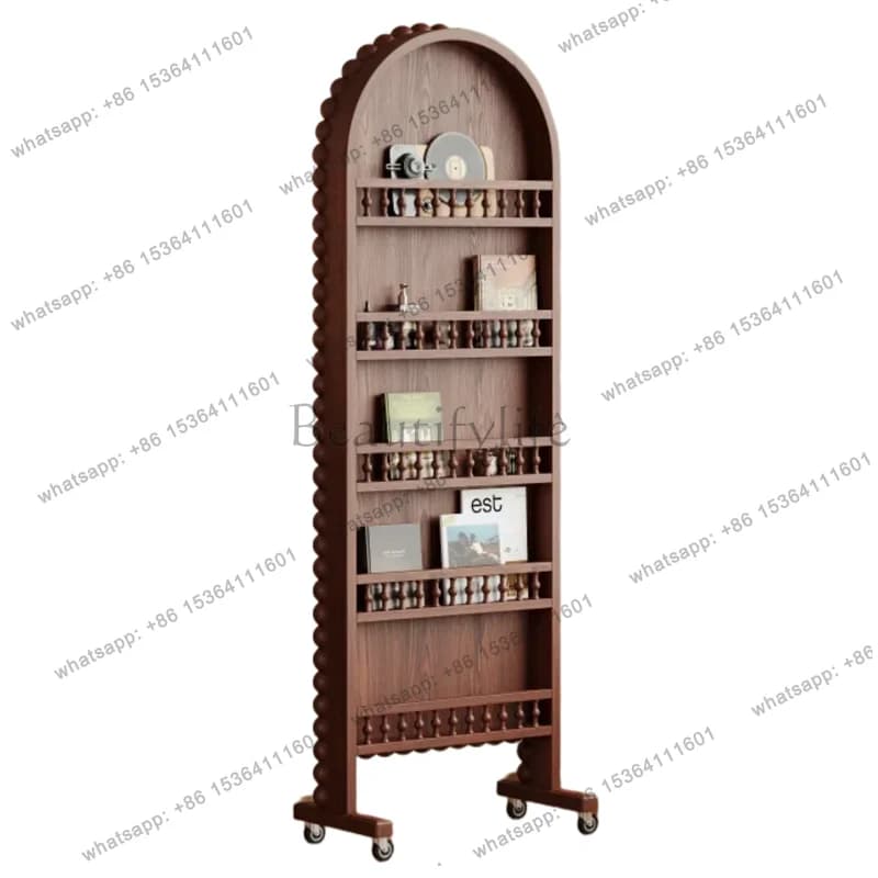 Medieval solid wood full-body mirror, movable magazine rack, dual-purpose rotatable floor-to-ceiling