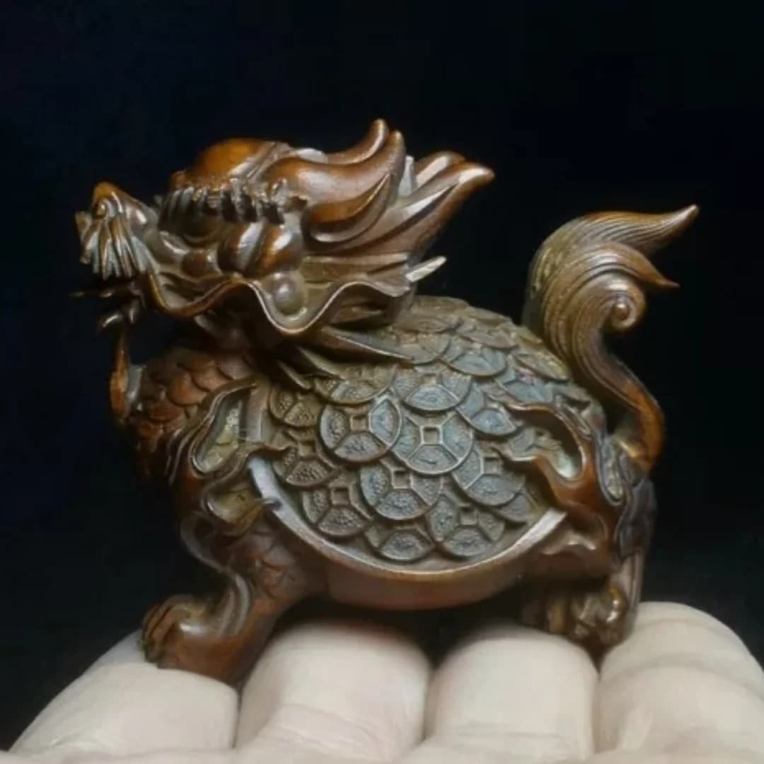 Chinese boxwood Hand carved Dragon Turtle Figure Statue Decoration L 2.7 inch
