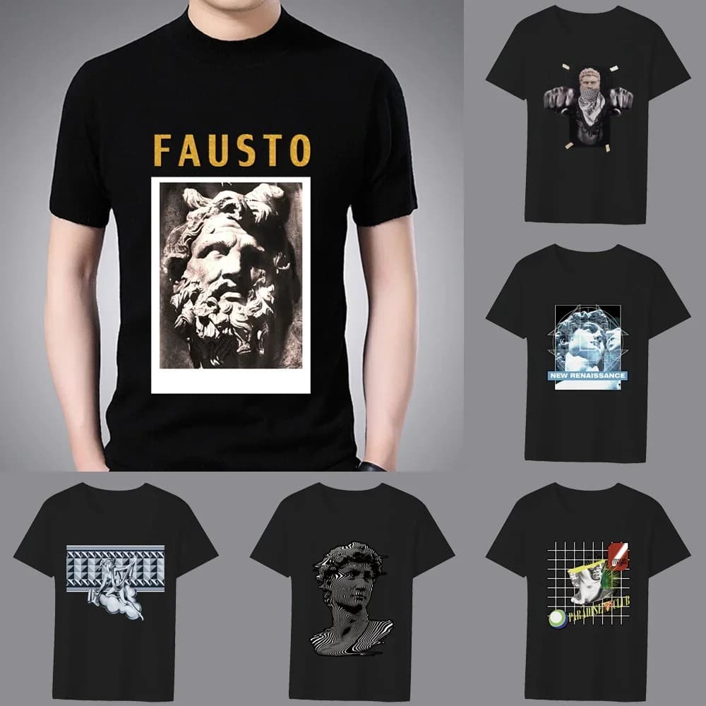 Retro Fashion Men's Black T-shirt Funny Sculpture Printing Pattern Series Casual Round Neck Shirt Commuter Slim Men's Clothing