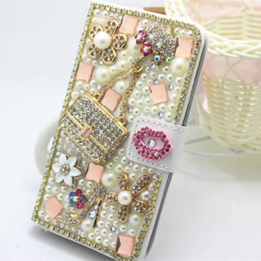 Luxury Bling Handmade Glitter Rhinestone Pearl Leather Flip Wallet Phone Case for iPhone, 14, 16, 12, 13 Pro Max, XR, 15 16Plus