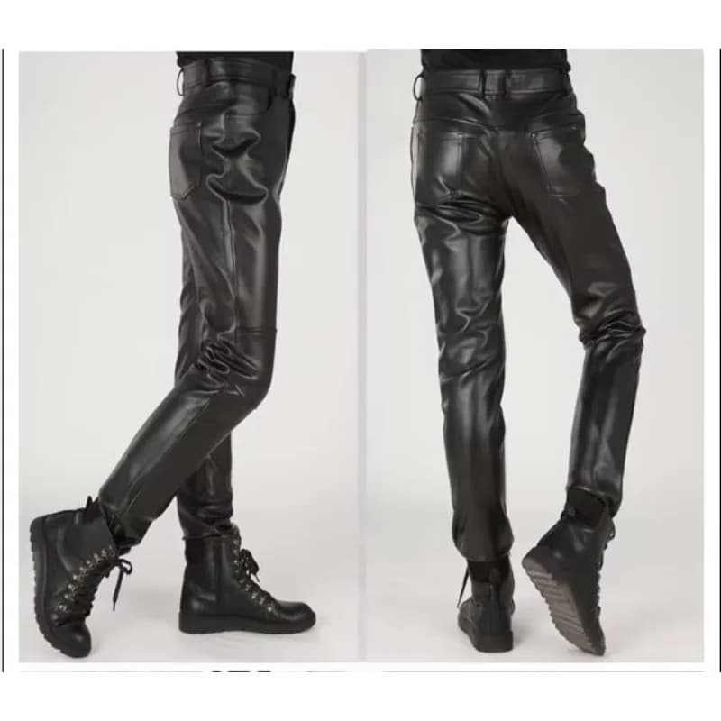 Black Windproof Men's Leather Pants Motorcycle Riding Slim Trousers Fashion Rock Style Night Club Pantalon Cuir