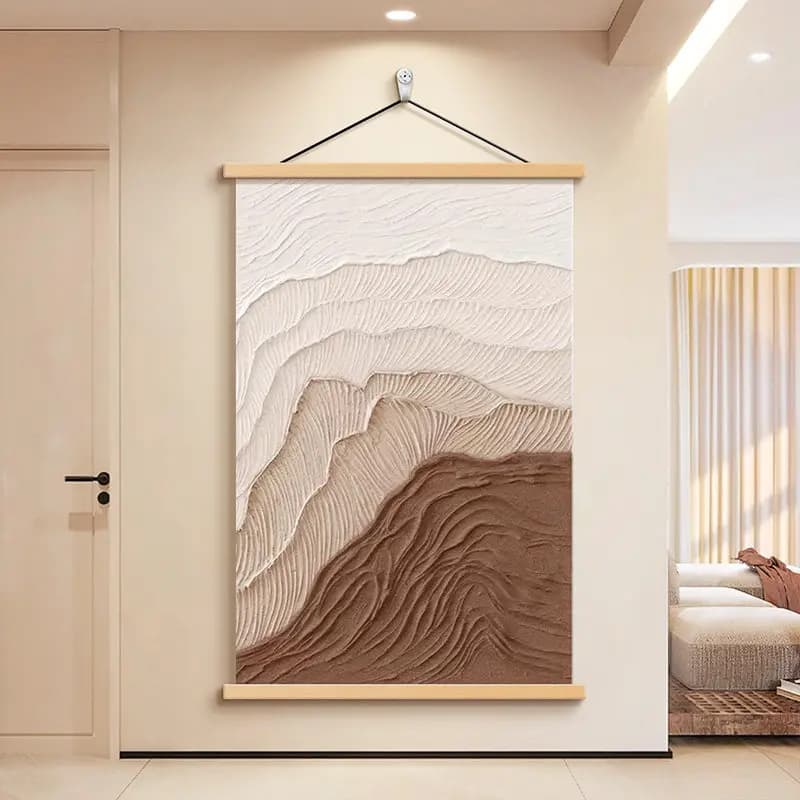 Wall Art French Cream Abstract Texture Pearlescent Canvas Hanging Scroll with Wooden Rods for Living Room Background Wall