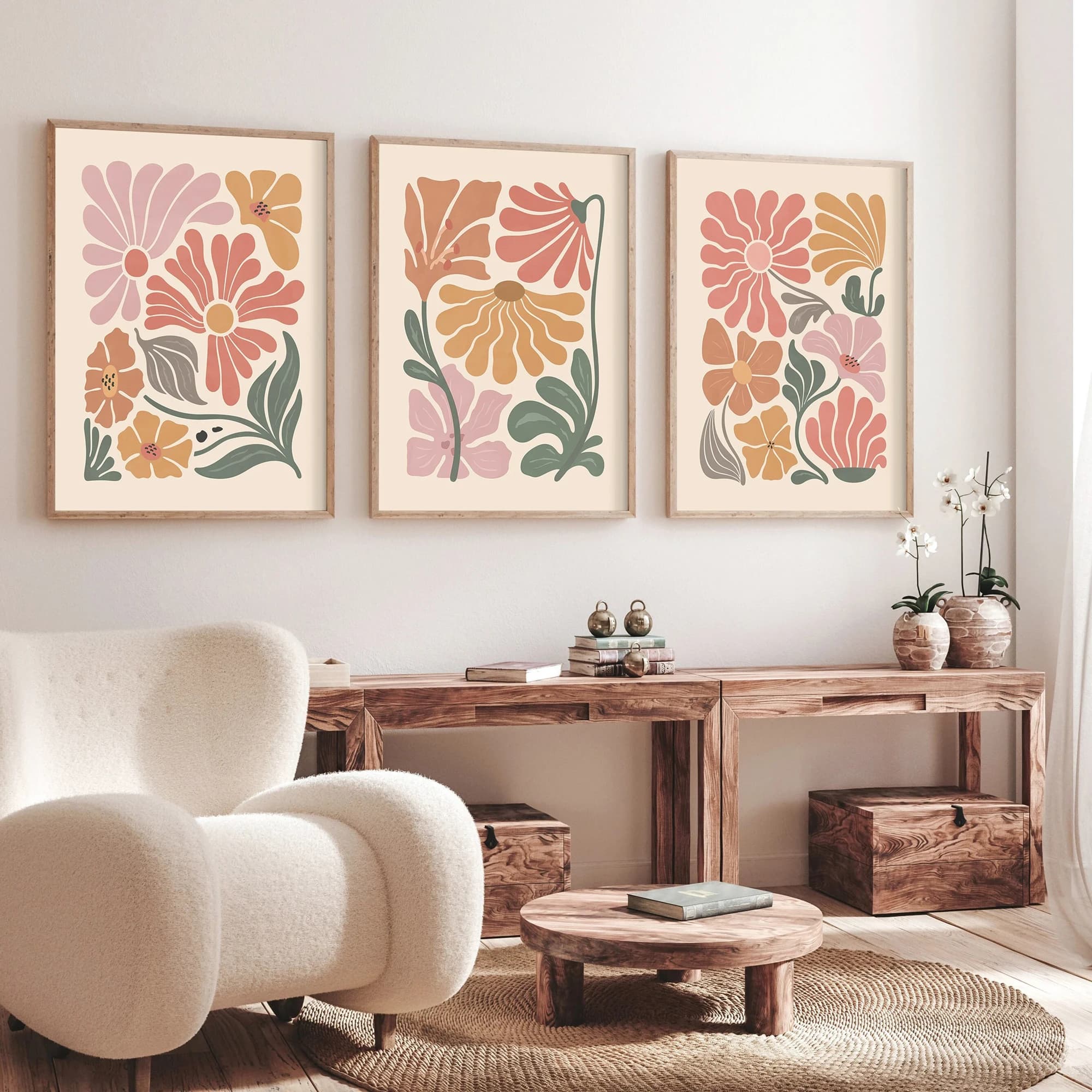 Boho Abstract Flowers Print Set of 3, Terracotta Prints, Floral Wall Art, Vintage Art Print, Boho Art, Flower Market Home Decor