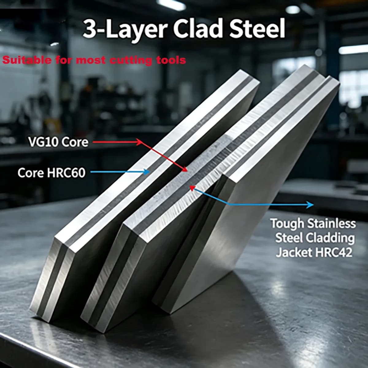 Sanmai 3 Layer Clad Knife Blank Strip, VG10 Core + Aogami Blue Paper Cladding, Quenched Stainless Steel HRC60, 2mm & 2.5mm Thick