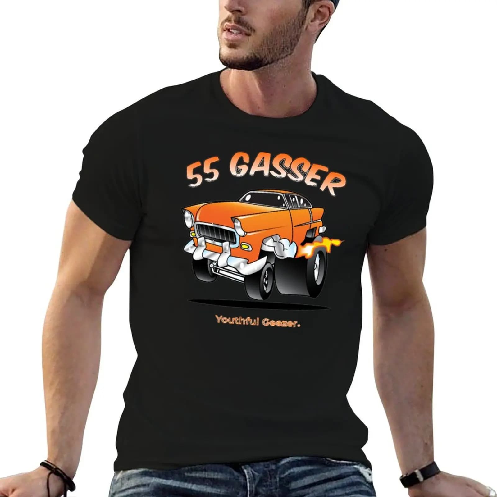 55 Gasser Cartoon Car T-Shirt Basic Solid Tee for Daily Use