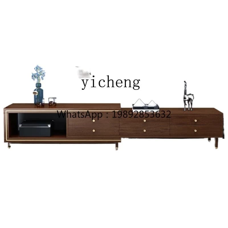 ZZXL New Chinese Style Solid Wood TV Cabinet Walnut TV Cabinet Retractable Home Floor Cabinet