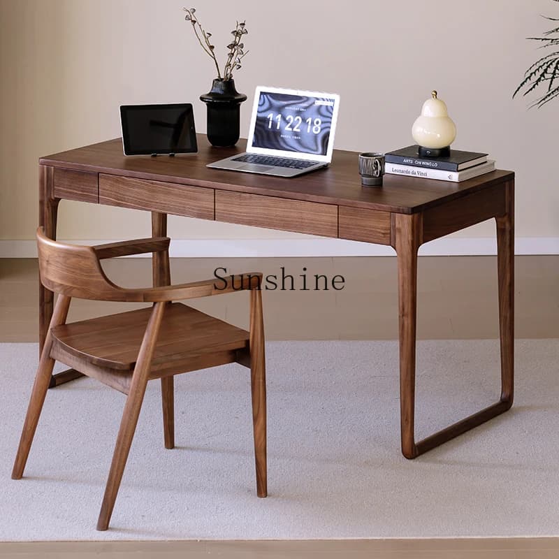Nordic small apartment black walnut solid wood desk children's log study