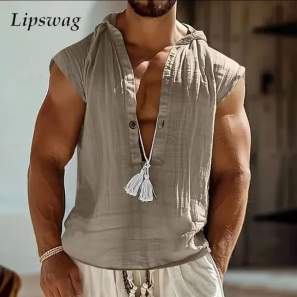 Linen Vintage Men Sleeveless Deep V Neck T-Shirts 2026 Summer Casual Men Loose Hooded Vest Shirt Daily Breathable Beach Tank