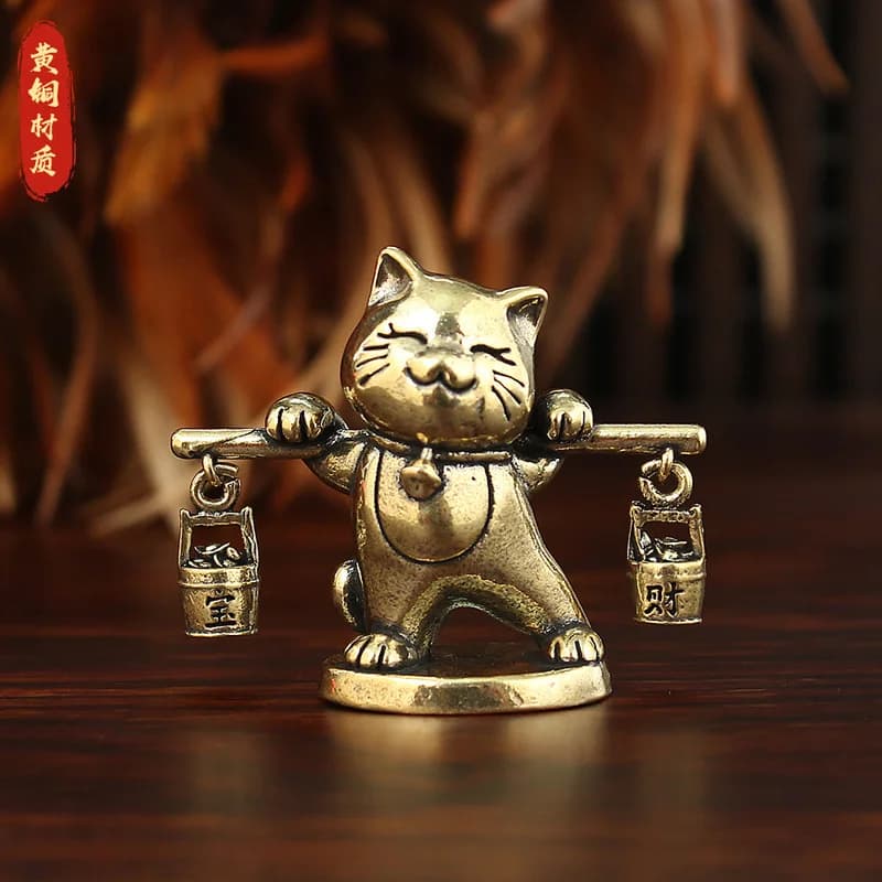 Brass Lucky Ornament, Treasure Cat with a Water Bucket, Moves to Bring Fortune, Shop Decoration, Entrance Hall Orna