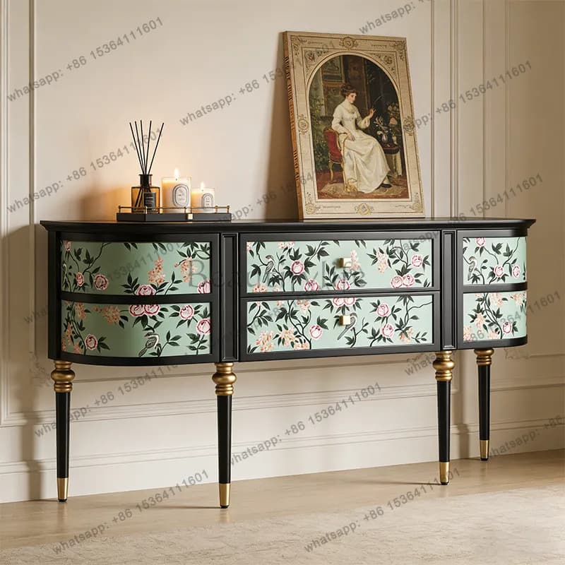 French retro style entrance cabinet, antique green rose solid wood frame entry cabinet