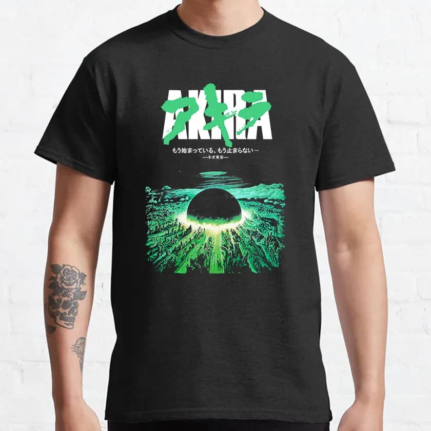 80s Retro Manga Akira Green Japanese City Explosion Casual 100% Cotton Print Anmie T Shirt for Men Large Size Tops Gift Clothing