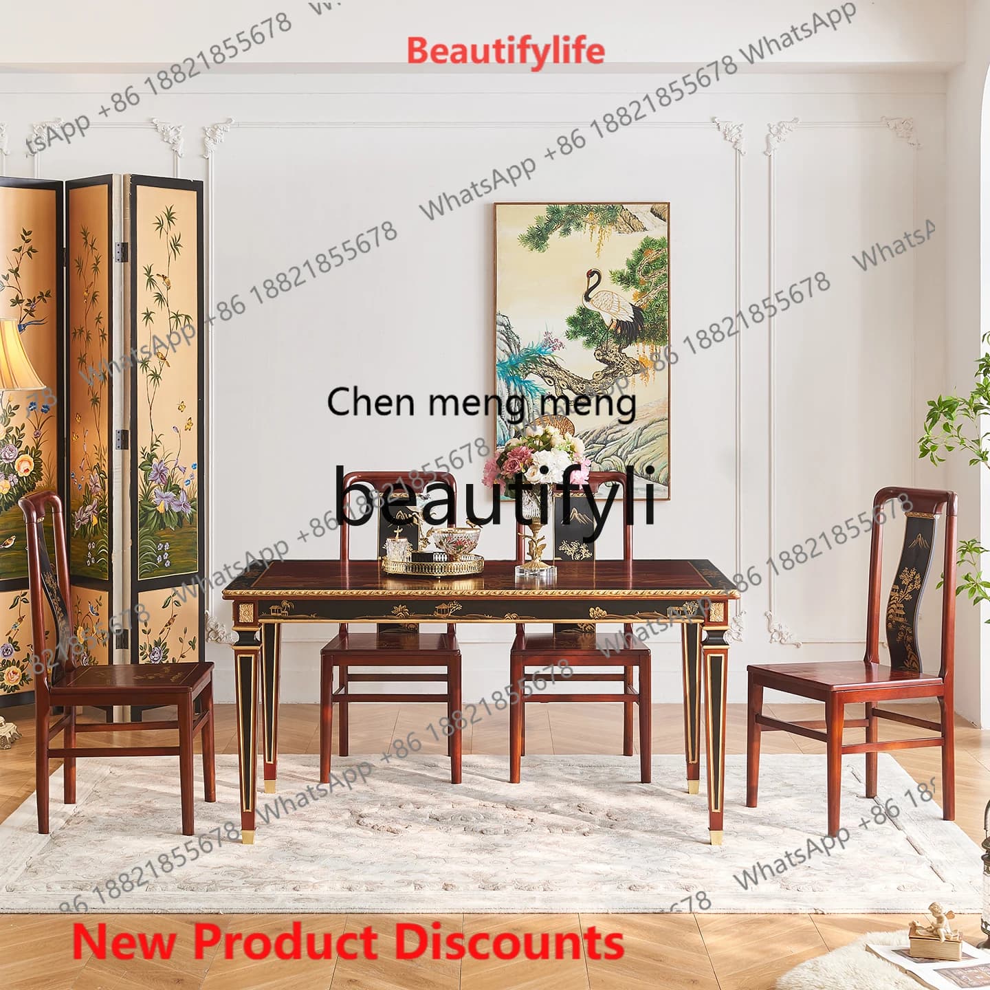 2003 New Chinese style painting good luck 1.2 meters solid wood rectangular dining table and chairs