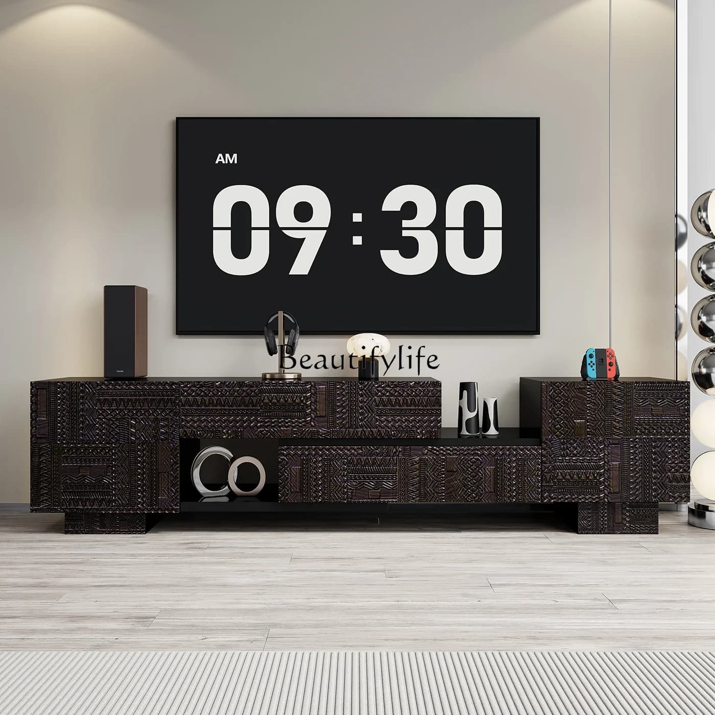 FG40**Italian light luxury solid wood TV cabinet modern minimalist retractable living room cabinet