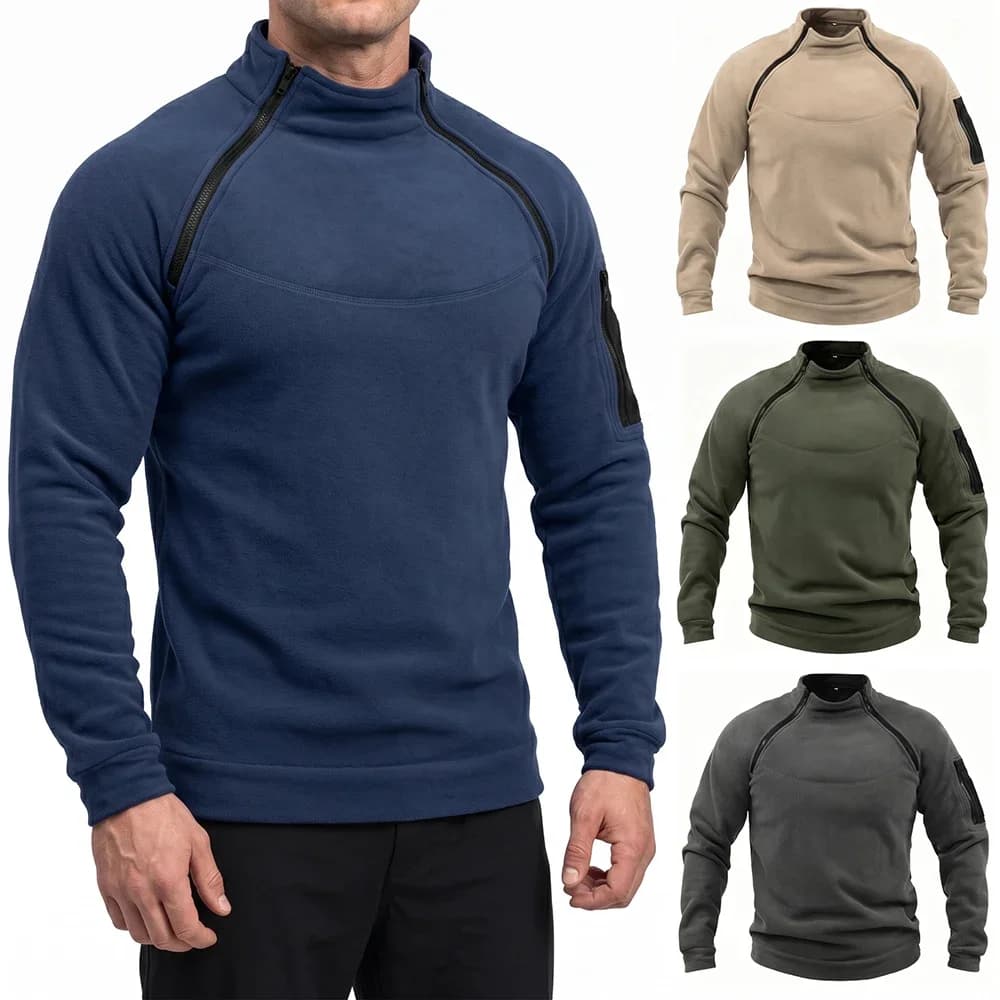 New Men's Tactical Double Zipper Fleece Sweatshirt Outdoor Military Stand Collar Pullover Combat Arm Pocket Casual Long Sleeve T