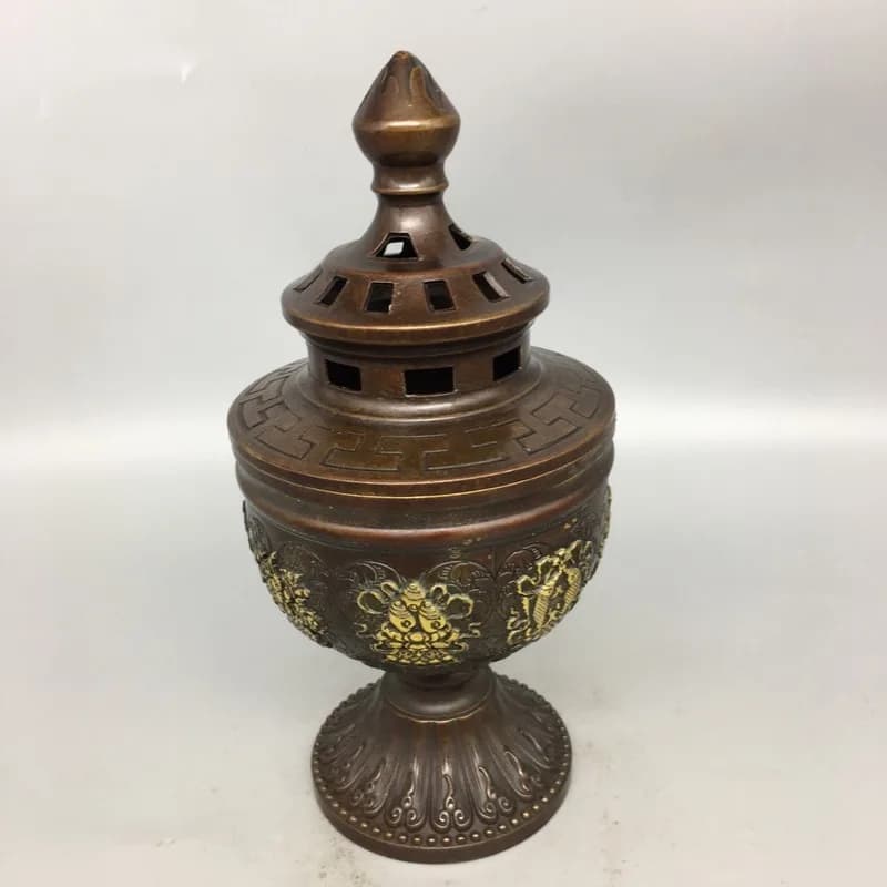 Copper Eight Treasures Auspicious Brass Carved Incense Burner Ornament