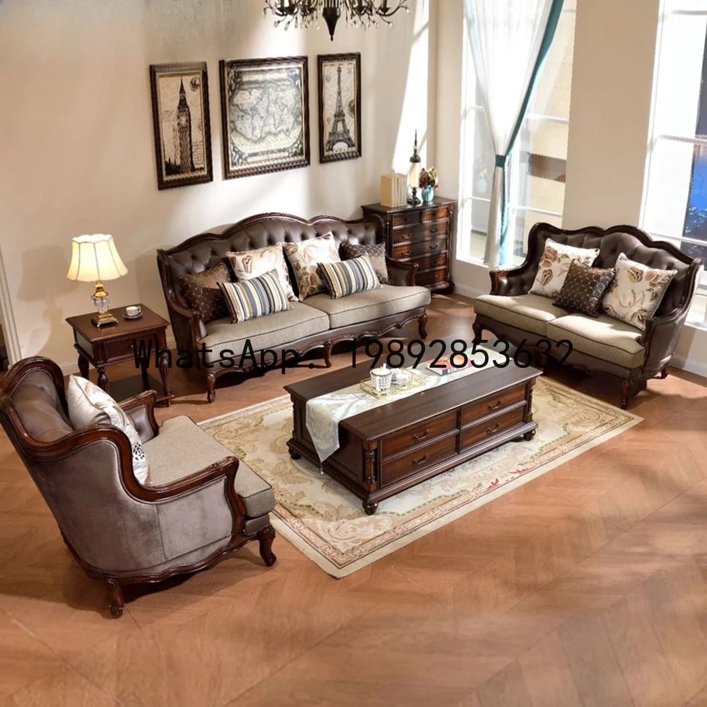 H5.15  mahogany leather sofa living room all solid wood fabric sofa large apartment sofa