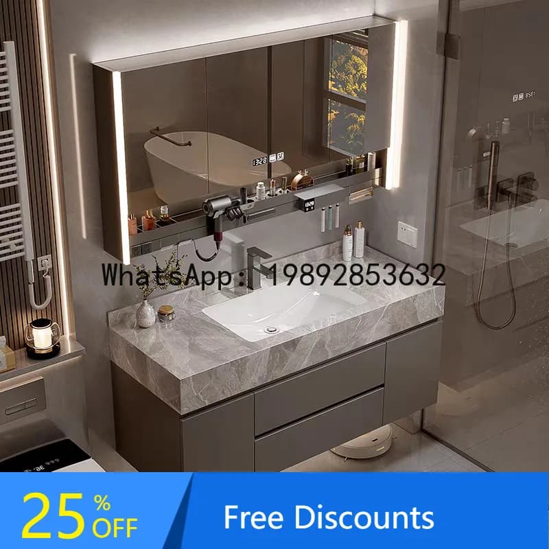 YFY Modern Minimalist Rock Plate Ceramic Seamless Integrated Basin Bathroom Cabinet Solid Wood Paint-Free Washstand