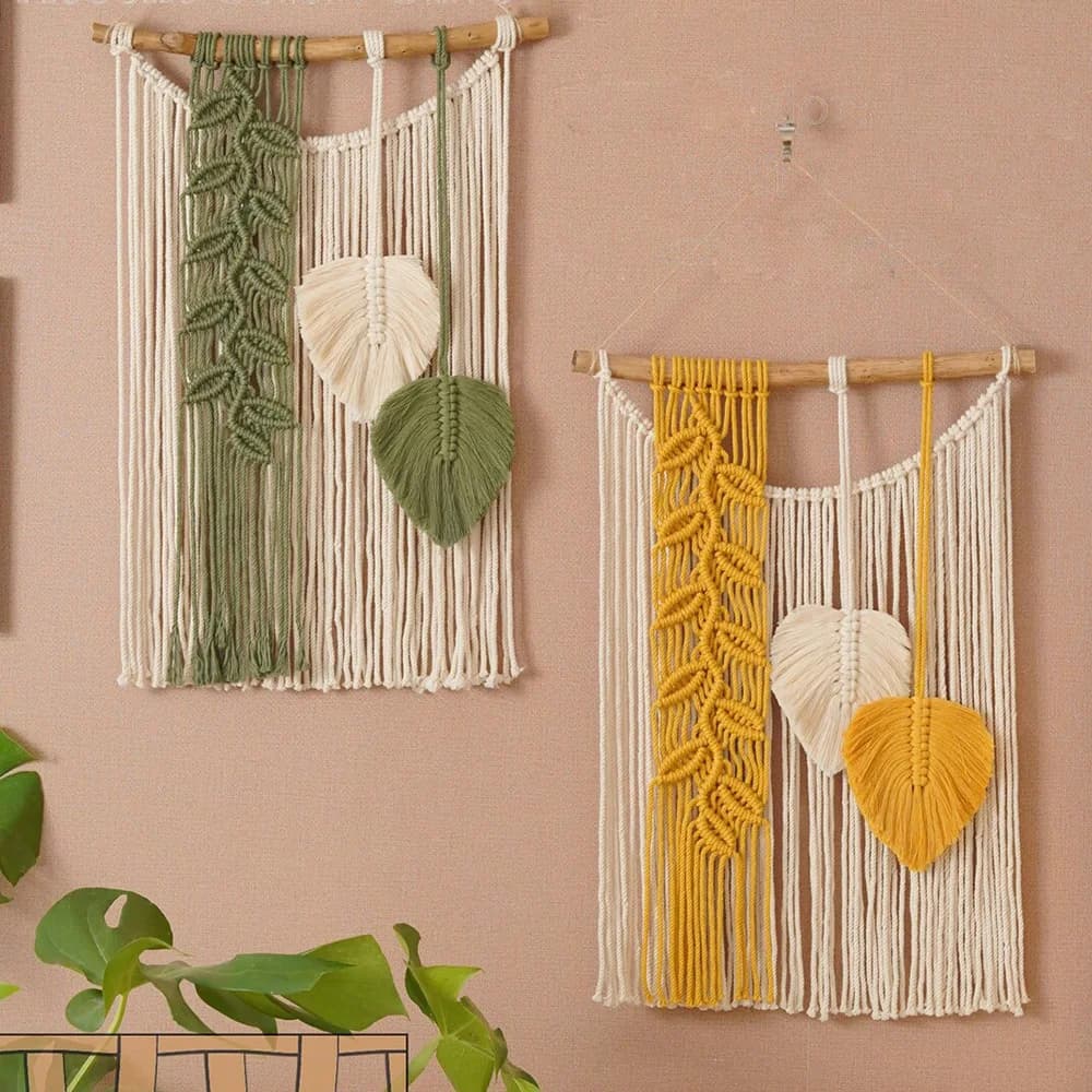Handmade Leaf Wall Hanging, Boho Woven Tapestry with Leaves, Wooden Stick Tassel Wall Decor for Bedroom Home Ornament.
