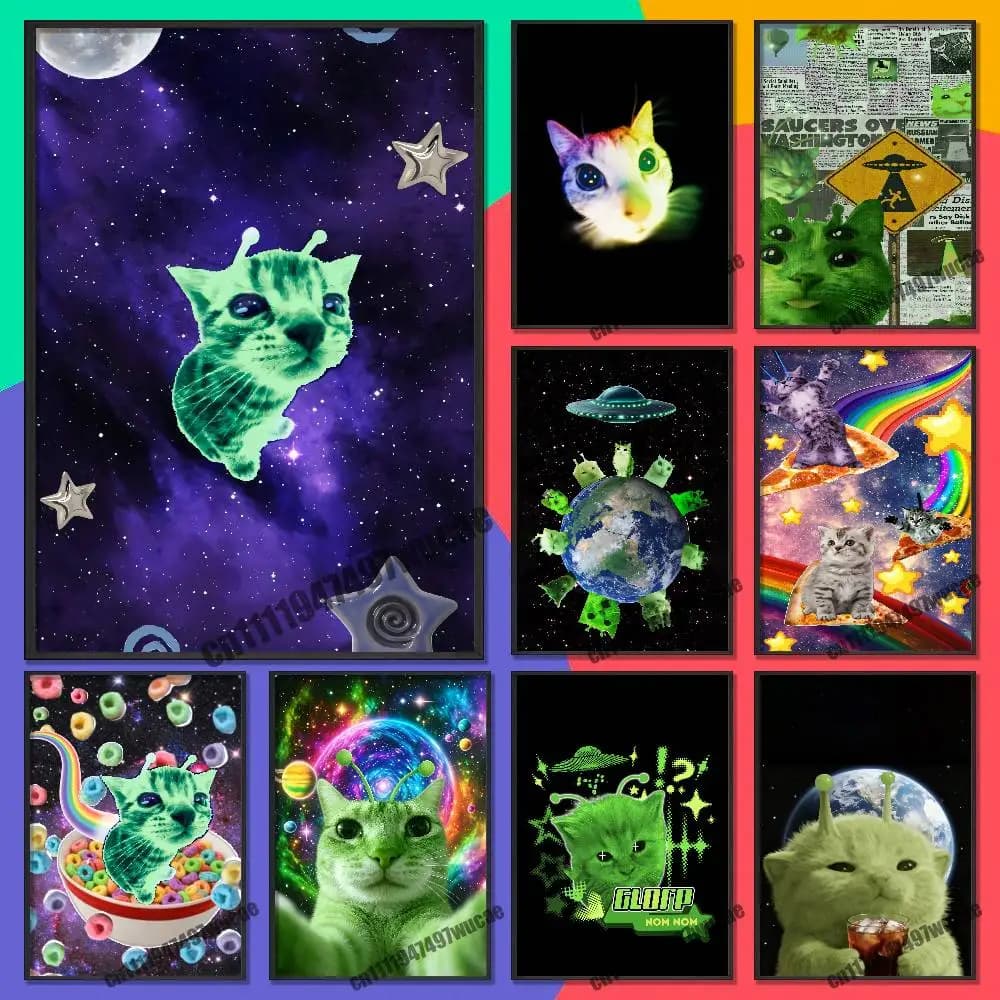 For Cute Rainbow Alien Cat Kitten Poster Cover Wall Sticker Bedroom Custom Self-adhesive Decoration Fans Playbill