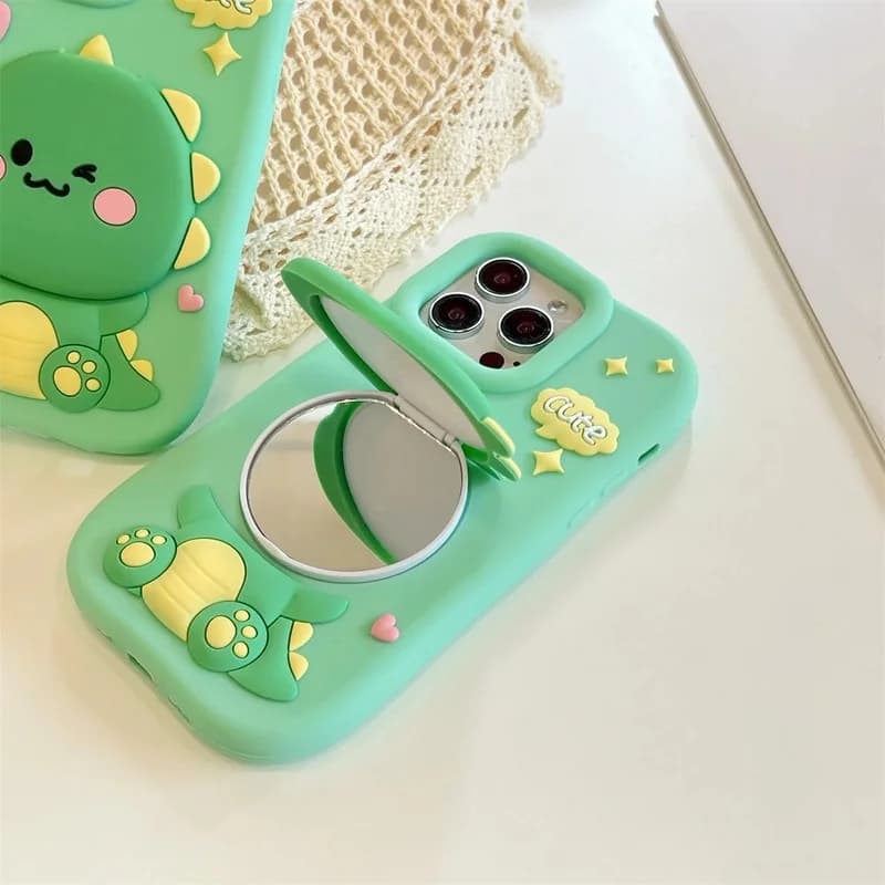 3D Cute Dinosaur Hide Makeup Mirror Silicone Phone Case for IPhone 18 17 16 15 14 13 12 Pro Max Shockproof Back Cover