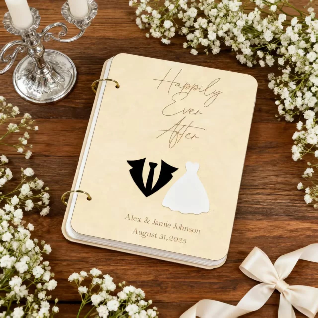 Personalized Wedding Card Scrapbook - Wooden "Happily Ever After" Organizer 20x15cm, Custom Names & Date, Gift Box