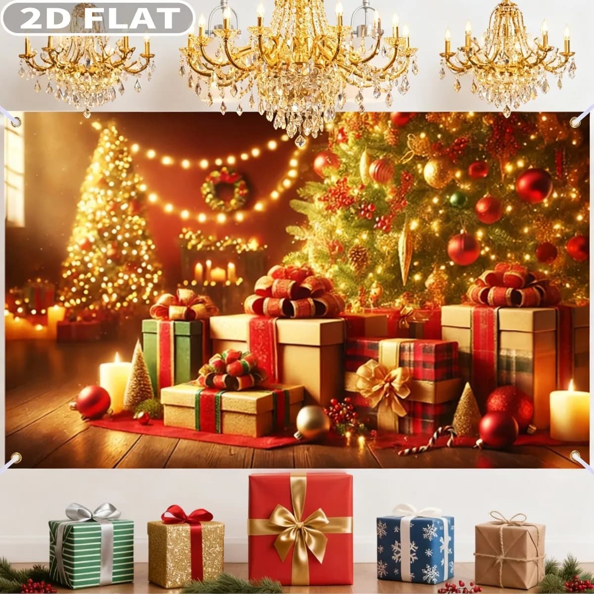 1pc Christmas Tree & Gifts Large Christmas Banner, 71x43Inch Banner, Polyester Fabric Holiday Decor Photography Background