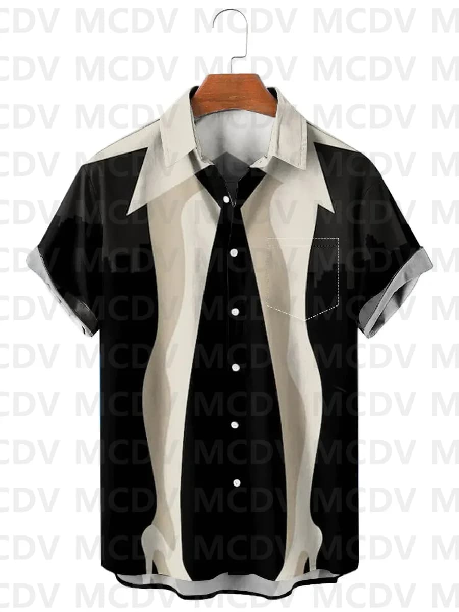Men's Hawaiian Shirt White And Black Colorblock Hands Print Short Sleeve Shirt