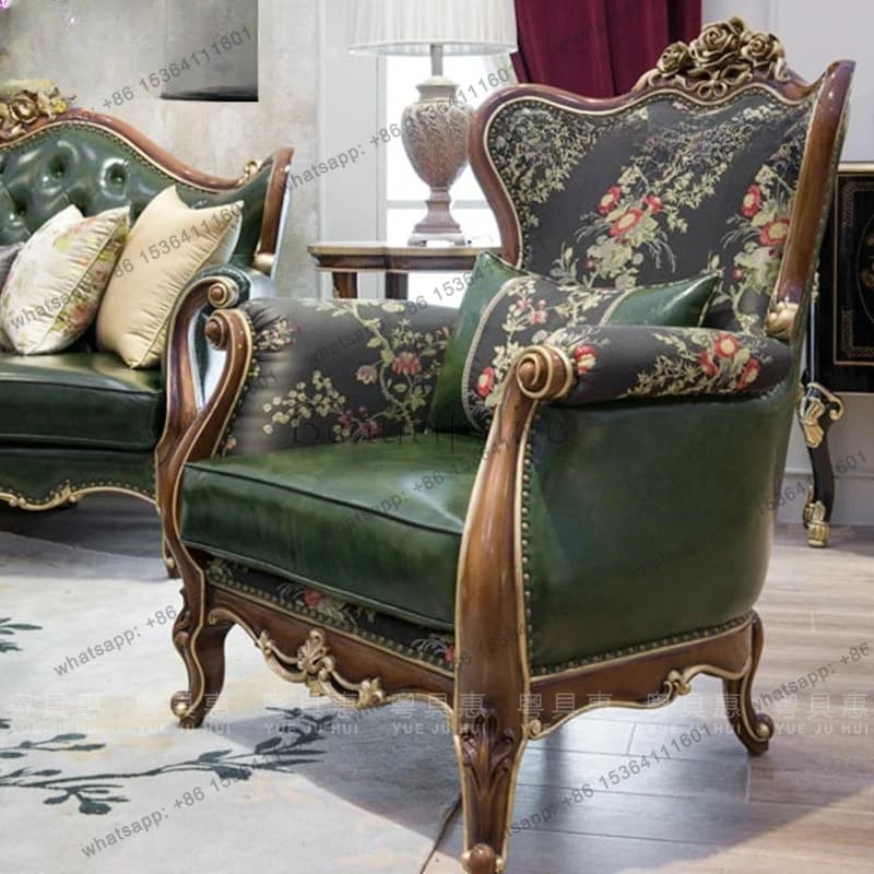 European leather sofa combination neoclassical solid wood carving flower leather art large apartment living room furniture