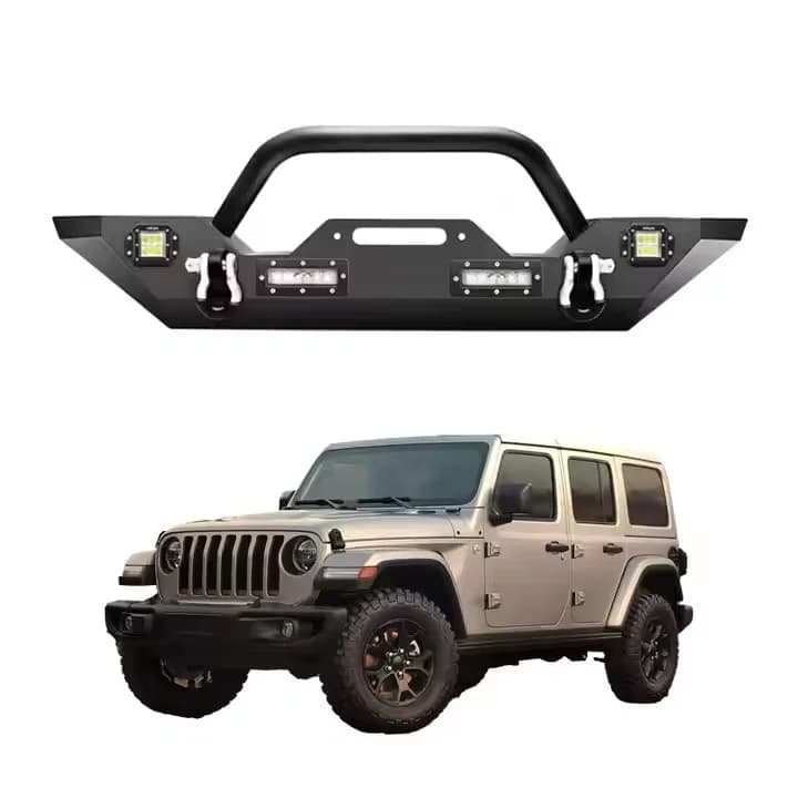 For MusixiA Steel Front Bumper With LED Light For Wrangler JK JL Black Powder-Coated Tow Hook
