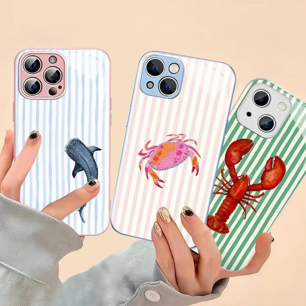 Marine Life Crabs Lobsters For IPhone 14 13 12 Mini 11 Pro XS Max X XR 14 Plus Tempered Glass Cover