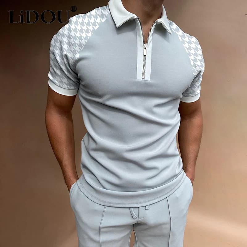 Vintage Summer New Fashion Trend Fitness Casual Simple Polo Shirts Men Zipper Color Block Sports Patchwork Top Man Clothing