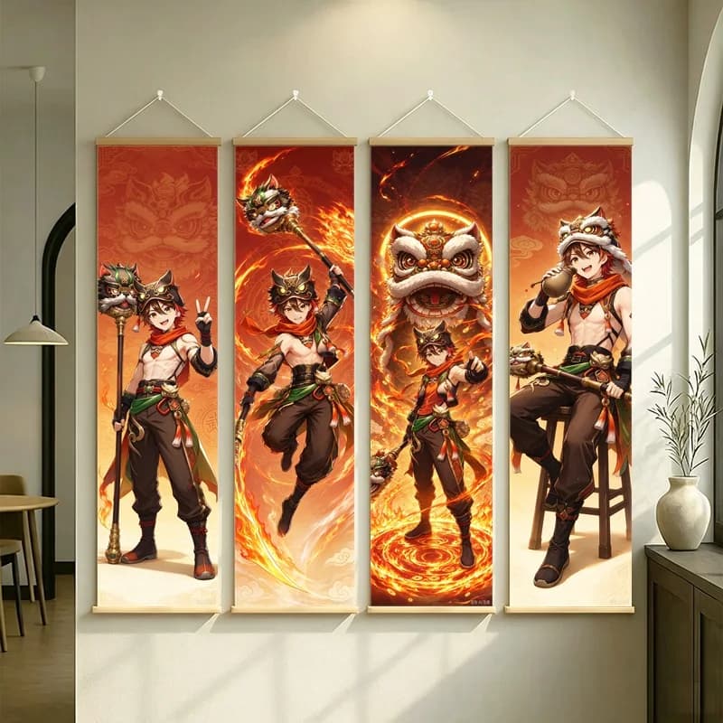 Hanging Scroll Wall Art of Genshin Impact Gaming with Orange Flame Motifs on Silver Shimmer Canvas for an Anime Bedroom