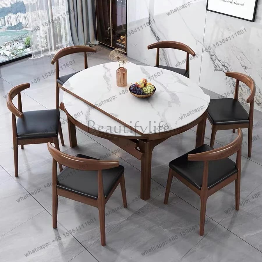 Nordic log wind rock slab dining table Small apartment simple household telescopic folding all solid wood dining table