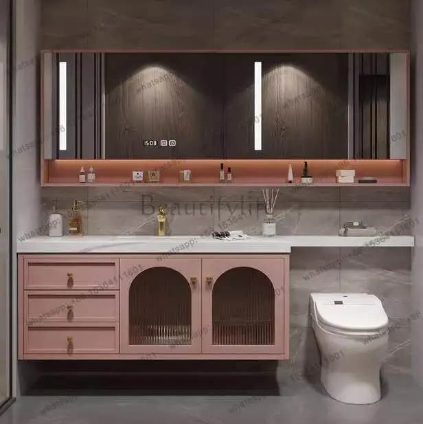American bathroom cabinet solid wood light luxury smart oak rock slab seamless integrated basin washstand